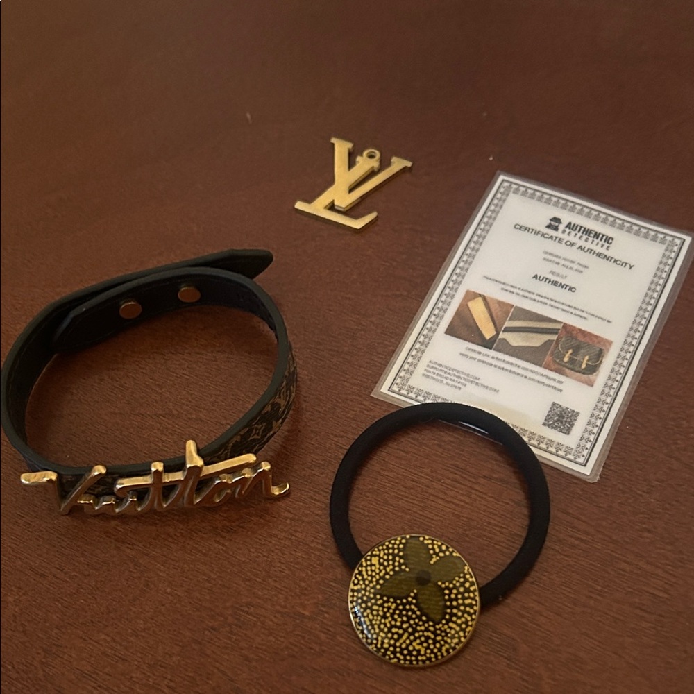 Louis Vuitton Gold and Black Hair, Tie bracelet ,and charm all Upcyled!